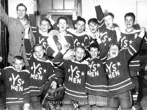 Beacon Herald files
The 1958 Stratford Y's peewee hockey team, photographed by The London Free Press after winning the Grand Championship in Goderich, are front row from left, Eric Morris, Allan Frank, Edwin 'Moe' Morris, Jim Oliver and Sam Fairles; and back row from left, coach Gary Thomas, Paul Comfort, Henry Monteith, Nick Libett, Peter Riehl, John Stewart and Reg Gingras.