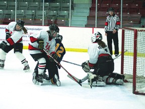 St. Thomas Aquinas goalie Gilly Derouard makes a save in regular season play. Derouard stopped 81 of 86 shots on Monday, March 18 at OFSAA and grabbed a shutout in the second game. The Saints will move on to the consolation side of the tournament after finishing with two losses and one win.
FILE PHOTO/Daily Miner and News