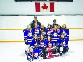 The Central Plains Super Caps Female celebrates their win in the MacDonald Novice Female Tournament. 
Front Row: Abby Kramer (Gladstone)
Middle Row: Jaelyn Duncan (Portage), Tyla Turnbull (Ste. Eustache), Danika Botterill (Portage), Karly Vince (Oakville)
Back Row: Ava Matthews-McCulley (Portage), Kylyn Shindle (Portage), Sydney Rumpli (Portage), Camryn Denbow (Gladstone), Charlie Holmes (Oakville), Medah Fletcher (Portage), Megan Chornomydz (Portage)
Coaches: Graham Shindle, Kirk Botterill   (Graham Shindle/Submitted Photo)