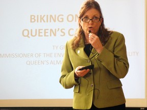 Eleanor McMahon of the Share the Road Cycling Coalition speaks at Tuesday's Bike Summit at Queen's University. (Elliot Ferguson The Whig-Standard)