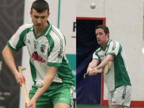 Shamrocks players Gary Dolan (L) and Shane Gilhooley (R) demonstrate some of their hurling skills at the Syncrude Sport and Wellness Centre Tuesday. TREVOR HOWLETT/TODAY STAFF