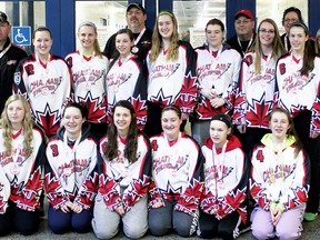 The Chatham Thunder won bronze medals at the Ontario Ringette Association junior 'A' championship Sunday in Nepean. The team members are, front row, left: Kelsey Zondag, Tristen Stewart, Claire Hedrick, Rachel Roberts, Alissa Reid and Hannah Doforno. Back row: coach Jamie Stewart, Taylor Dziver, Kara Hueniken, Carys Owen, coach Don Zondag, Courtney Roberts, Kayla Therrien, coach Dwayne Roberts, Alicia Christie, manager Jan Doforno, Sophia Skorenky and trainer Gillian Hueniken. (Contributed Photo)