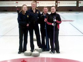 Chatham-Kent Golden Hawks second Erin White, skip Meghan White, vice Emily Campbell and lead Taylor Dziver show their eight-ender after winning the SWOSSAA girls curling championship at the Roseland Golf and Curling Club in Windsor. (Contributed Photo)