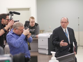 Erin Steele/R-G
Dr. Ian Phelps addresses media, mayors and councillors at the new medevac base at the Edmonton International Airport last Wednesday. The facility opened Friday and been met with criticism from northern residents and doctors based on increased travel time for patients to tertiary care hospitals.