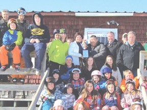 Area ski enthusiast gathered at Boogie Mountain Shi Hill this past weekend to thank Algoma-Manitoulin MPP Michael Mantha and OTF representative Francis Mishinijima for the $2700 grant to start a ski school. Photo supplied.