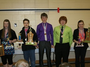 These five students put in the time and effort in takes to do good science: Emily Lorincz of Glenmary School in Peace River(winner of Best in Fair), Aidan Charest - Ecole Georges P. Vanier, Stephane Chenard and Brendan Samek - Glenmary School and Kayleigh Pasula - Fox Creek School.