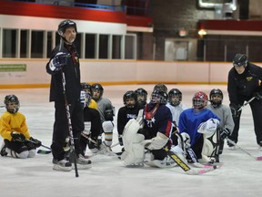 The Timmins Norfil Novice ‘AA’ Northstars coach Mark Bednarz runs his team through a light end-of-season practice at the Archie Dillon Sportsplex Wednesday. The Northstars had the opportunity to look back at a season where they won three major Northern Ontario championships in their division.