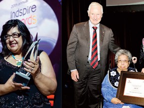 At left, Ruby Jacobs, former Six Nations director of health, is honoured with a national achievement award by Indspire in February. And, at right, Lottie Keye receives a Guiding the Journey: Indigenous Education Award from Gov. Gen. David Johnston and Roberta Jamieson, president of Indspire at the National Gathering for Indigenous Education, in Calgary last week.
