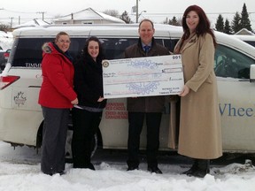 The Rotary Club of Timmins-Porcupine recently donated $2,500 to the Timmins branch of the Canadian Red Cross. The funds will be used for vehicle maintenance for the Meals On Wheels program. Taking part in the cheque presentation are, from left, Carole Timm, Canadian Red Cross branch manager; Caroline Caron, Canadian Red Cross community services co-ordinator); Darren Taylor, Rotary Club member; and Christina Geddes, Rotary Club president.