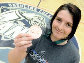 Ursuline's Meagan Mulhern won an antique bronze medal at the OFSAA wrestling championships. (MARK MALONE/The Daily News)