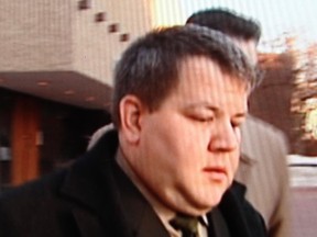 Spruce Grove high school teacher Robert John Paolinelli leaves the Stony Plain Provincial Courthouse. Still taken from a December 2011 video.  Courtesy CITYTV