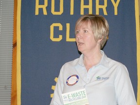 Nancy McDowell, executive-director of the Chatham-Kent chapter of Habitat for Humanity, provided an update on the progress of the organization's first build at a meeting of the Rotary Club of Chatham Sunrise held March 19. Among its upcoming activities is an e-waste recycling day, which will take place in the parking lot of the Downtown Chatham Centre on Saturday, April 20 from 8 a.m. to 1 p.m.