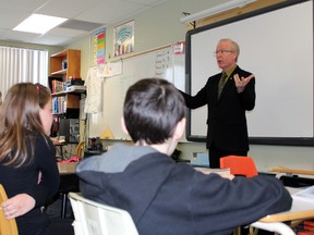 Superintendent of the Fort McMurray Public School District Dennis Parsons speaks to Grade 5 students at Greely Road Public School Thursday morning about the success and importance of the district’s FRIENDS Mental Health Program. The FMPSD celebrated one year of having the program — which aims to reduce and prevent anxiety and depression in students — in its schools. Jordan Thompson/Today staff