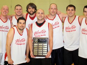 Waite's Printing defeated Millcreek Plumbing 93-63 in the St. Thomas Men's Basketball League final to with the Herb Hales Memorial Trophy. Members olf the team, from left, are: front - Dave Talan, Matt Priebe; back - Andrew Lynch, Casey Herbert, Rich Corriveau, Paul Chapman, Mike Morrison, Brian Apfelbeck. Absent is Arten Veliu. CONTRIBUTED