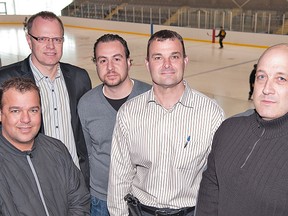 BRIAN THOMPSON, The Expositor

Paul Polillo (left), Ken Lindsay, Mike Spadafora, Darren DeDobbelaer and Scott Rex comprise the ownership group for Brantford's new junior B hockey team, which will start play in September at the Wayne Gretzky Sports Centre.