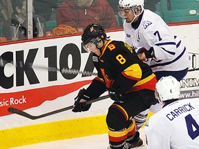 Belleville Bulls rookie forward, Aaron Berisha, controls the puck in the offensive zone during OHL playoff opener Thursday night at Yardmen Arena against the Mississauga Steelheads. (Jerome Lessard/The Intelligencer)