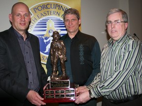 Two mines shared the honour of receiving the Robert Dye Award which was presented by the Porcupine Safety Group at the Dante Club Thursday night.  Brendan Zuidema, general manager of Liberty Mines, from left, accepted the award on behalf of his mine while Sean Waugh and Stephen Clinton accepted the award on behalf of  Agrium Kapuskasing Phosphate Operations