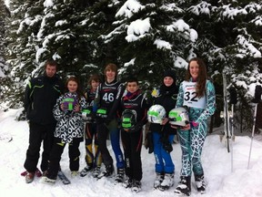 Members of the Fort McMurray Ski Team pose for a photo at the SportChek Regional Downhill Ski Series Finals in Jasper last weekend.  RIGHT TO LEFT: Katie Kristman, Keisha Gendron, Alan Ferriss, Dalton Usick, Devon Smith, Priscilla Gallagher, and Alex Hopper. SUPPLIED PHOTO