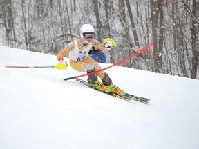 Alex Duff of Pembroke carves his way through the gates on his way to third place in the slalom race at the season-ending Championship Races held recently at Mont Cascades.