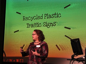 Margaret Carter, a professor at Lambton College, talks about an ongoing research project involving recycled plastic traffic signs, during the college's 2nd annual Applied Research Day showcase, Friday. TARA JEFFREY/THE OBSERVER/QMI AGENCY