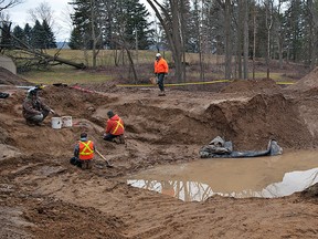 This picture from Feb. 2, 2012 shows a crew conducting a preliminary archeological excavation on a property of Oxbow Road, just south of Brantford. The site remains largely unchanged today, more than a year later. (BRIAN THOMPSON The Expositor)