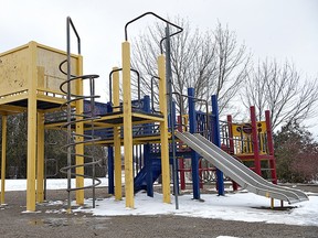 A redevelopment and relocation of 20 year old playground equipment at Cedarland Park in Brantford is planned after the neighborhood association expressed concern about soggy walk paths, and views obstructed by trees and shrubs. The area is also a popular gathering spot for older children that keeps younger families away. (BRIAN THOMPSON The Expositor)