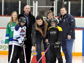 The Timmins Ringette Association is hosting the Northeast Regional Ringette Championship this weekend. More than 40 teams will play games at the McIntyre, Mountjoy and Whitney Arenas with playoffs starting Saturday night. The tournament kicked off with the opening ceremonies on Friday at the McIntyre with a faceoff. Posing for the photo were, from left Sophie Viel, Timmins Mayor Tom Laughren, Goldcorp representative Mario Lachance, Angie Chartier who is the regional tournament committee chair, Timmins Ringette Association president Mike Cain. The two players taking the faceoff are, from left Sudbury player Taya Fedorowicz and Timmins player Gabriele Larocque