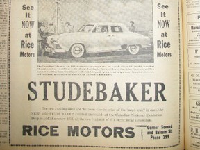 The automobile, and more importantly, the cross-country highways allowed for the development of the family vacation, a.k.a. The Road Trip. This advertisement for the new 1950 Studebaker, available at Rice Motors in Timmins, appeared in the Porcupine Advance newspaper.