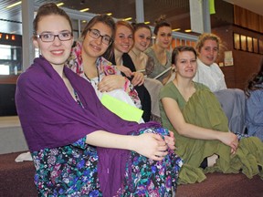 Students at École secondaire catholique Thériault commemorated the battle many Franco-Ontarians fought when their rights were threatened by Regulation 17 in 1912. Among the actors who took part in the re-enactment were, from left, Gabrielle Fecteau, Janelle Joliat, Renée Maisonneuve, Danika Geseron, Sylvie Lacourcière, Kyla Gravelle, Ashley Prince and Darquise Mantha.