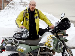 Olivar Solaro of Williamsford with the motorcycle he drove to Hudson Bay and back.