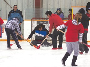 Students at the Bimose Tribal Council Winter Games compete in a game of broomball at the Keewatin Memorial Arena on Thursday, March 21. The children took the day off school to play fun games on the ice and out in the sunshine and snow. 
GRACE PROTOPAPAS/Daily Miner and News