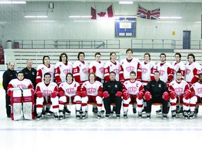 Prior to the start of the playoffs, the Pembroke Lumber Kings posed for a team photo. In the front row (from left) goalie Darren Smith, Jordan Larson, alternate captains Stephen Hrehoriak and Ben Dalpe, head coach and general manager Scott Mohns, captain Sam Gleason, assistant coach Pat Deloughery, Keegan Harper, alternate captain Patrice Wren, Liam Biard and goalie Andy Munroe. In the back row (from left) are equipment manager Eldon Beauchamp, trainer Steve Gilchrist, Emilio Audi, Jordan Boucher-Gould, Derek Diaz, Cody Trowell, Ryan Erickson, Brendan McGuire, Timmy Moore, alternate captain Charlie Connell, Carl Greco, Owen McDade, Mike Milito and billet co-ordinator Greg Kossatz.