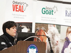 Ontario Livestock Alliance executive director Jennifer Haley speaks at the organization's joint annual general meeting and producer education day at the Stratford Rotary Complex Saturday. (MIKE BEITZ, The Beacon Herald)