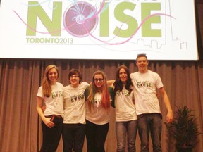 Sarnia-Lambton high school students Emma McCann (left), Travis Tetrault, Shannon Vokes, Cydney Culligan, and Tyler Savage, were among 200 youth from across Canada participating in the recent Unleash the Noise summit in Toronto. The youth-led summit was organized to help increase awareness about mental health. SUBMITTED/ FOR THE OBSERVER/ QMI AGENCY