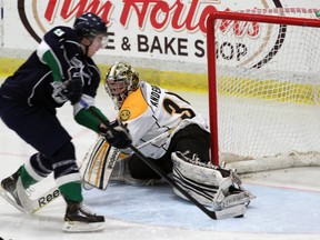 Zack Lorentz, left, of the Plymouth Whalers tucks a backhand past Sarnia Sting goalie J.P. Anderson during Game 2 of their opening round playoff series Saturday, March 22, 2013 at Compuware Arena in Plymouth, Mich. PAUL OWEN/THE OBSERVER/QMI AGENCY