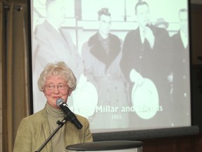 Margaret Bowes, wife of Bill Bowes, speaks at the DHT's 100th anniversary celebration in the Holiday Inn in Grande Prairie, Alberta, Friday, March 22, 2013.  AARON HINKS/DAILY HERALD-TRIBUNE/QMI AGENCY