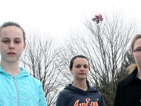 From left, Kelsey Sanderson, Callie Berlet and Alina Garnham were among an estimated 75-plus students, parents and friends gathering at the Danscene studio Sunday, March 24 in the wake of the tragic, sudden death of 19-year-old Meagan Lofthouse and Brittany Wardle via a vehicular accident Saturday evening. Very much a part of the broader Danscene ‘family’, Wardle was a hip hop teacher, and Lofthouse a long-time dancer with the studio. In the background, caught in a tree to the west of the studio, is one of two signed bundles of memorial balloons released in their memory. Jeff Tribe/Tillsonburg News