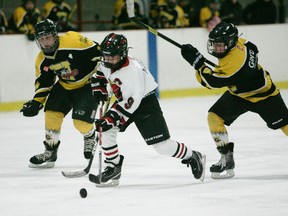 SARAH DOKTOR Simcoe Reformer
Waterford's Richard Krentz (left) and Benton Persall (right) chase after Thorold's Jack Loney during the B championship game of  Waterford and District Minor Hockey Association's annual year end atom and peewee local league tournament on Sunday. Thorold defeated Waterford 8-0.