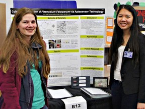 Submitted photo

Assumption College biology teacher Krista Karkut (left) and student Sarah Wu pose with Wu's winning entry at the Bay Area Science and Engineering Fair in Hamilton on the weekend. Wu will be travelling to Phoenix, Ariz., in May to compete at the Intel International Science and Engineering Fair.