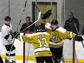 Ivan Danielewicz/Special to the Daily Herald-Tribune
North Peace Navigators Dustin Long celebrates his first period goal with teammate Ty Wiebe over top of JDA Kings goalie Sky Buller during the Northwest Junior Hockey League Championship in Game 5 at the Coca-Cola Centre Sunday. The Navs beat the Kings 4-0 in the game, but still trail 3-2 in the best-of-seven series. Game 6 goes in Peace River, 8 p.m., Tuesday.