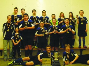 The U13 Portage Cobras pose with their Cambrian Cup Championship trophies.  Back row, Theo Bosc, Walker McAuley, Kieran Derksen, Jarrett Burke, Connor Green, Cassidy George, Justice Bryson, Layne Coltart; Middle row- Chad Green (coach), Shawn Green (water boy), Charles Schellenberg, Seth Bryson, Mitch Toews, Andrew Suggett.
Front row – Daylen Green, Tyler Martens (Submitted photo)