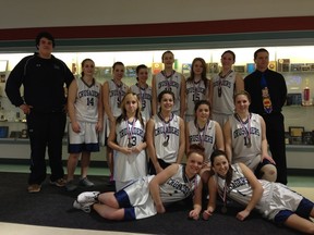 The junior girls basketball team from Assumption Junior/Senior High School pose for a shot after receiving medals. They were the top team in their league after defeating Cold Lake High School.