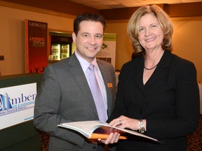 Incoming Owen Sound and District Chamber of Commerce president Steve Coffey, left, and Georgian College president and CEO MaryLynn West-Moynes at the chamber’s annual general meeting on Thursday in Owen Sound. West-Moynes was the guest speaker.