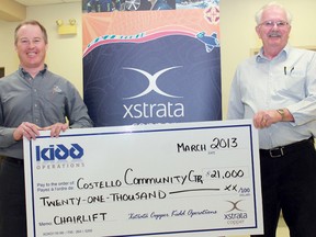 Xstrata Copper made a $21,000 donation to the Costello Community Care Centre on Monday morning to help cover costs for a stair lift, bringing the centre up to Ontario accessibility standards.  CCCC chairman Earl MacGillivray, left, was more than happy to receive the donation made on the behalf of Xstrata by Tom Semadeni, manager of Kidd operations.