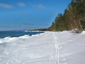 The heavy snowfall this year makes for great ski trails on Lake Superior cobble beaches, such as this one at Montreal River Harbour.