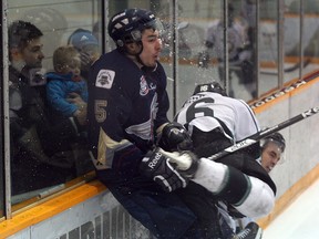 The Sherwood Park Crusaders were unable to pin down the Spruce Grove Saints in Game 6 of the AJHL North semifinals, losing 4-0 to drop the series 4-2 and see their season come to an end. Photo by Shane Jones/Sherwood Park News/QMI Agency