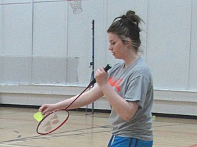 Tristan Johner, prepares to serve as the Grade 10 student tries out for the Mayerthorpe Junior Senior High School badminton teams on Monday, March 18.