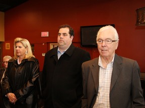 Greater Sudbury Mayor Marianne Matichuk, and city councillors Fabio Belli, middle, and Doug Craig attend a Greater Sudbury Taxpayers Association press conference in Sudbury on Monday, March 25, 2013. See video at www.thesudburystar.com JOHN LAPPA/THE SUDBURY STAR/QMI AGENCY