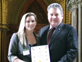 Submitted Photo

Holly Ryerse is honoured Monday on Parliament Hill by Brant MP Phil McColeman.