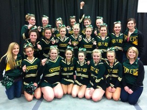 The MUCC Cheer Team earned the provincial title this weekend and they include; back (L to R) Holli Kurtenbach, Courtney Durell, Emily Neigel, Kyra McLellan, Shea Fidyk and Teagan Kulyk; middle (L to R) Mack Kerr, Alex Fecke, Kristin Puetz, Patience Whitelaw, Kayla Puetz, Kara Brown, Lauryn Martin and coach Raime Eggerman; front (L to R) coach Leah Taylor, Taylor Barnett, Danielle Simms, Jasmin Ogren, Danielle Letain, Akura Wallington, Megan Ogren and coach Lindsay Meyer